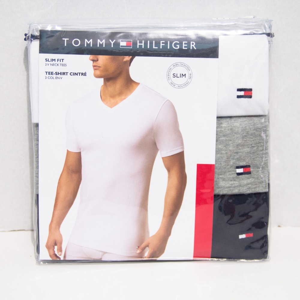 Tommy Hilfiger 3 Pack Mens Slim Fit V Neck Tees